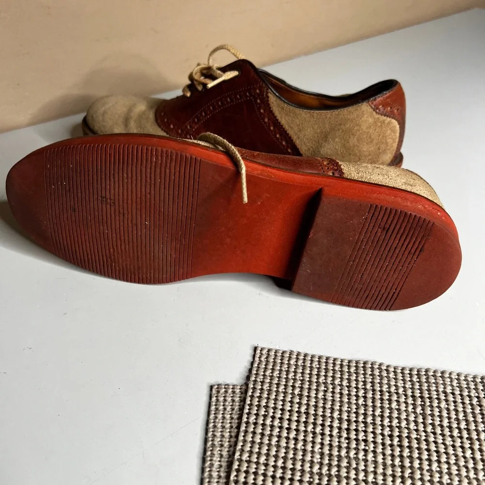Walk-Over Vintage Saddle Shoes Mens 9 Brown Leather Tan Suede Red Brick Sole